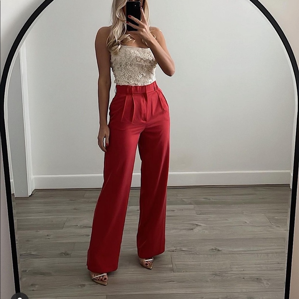 Zara Red High-Waisted Wide-Leg Trousers
